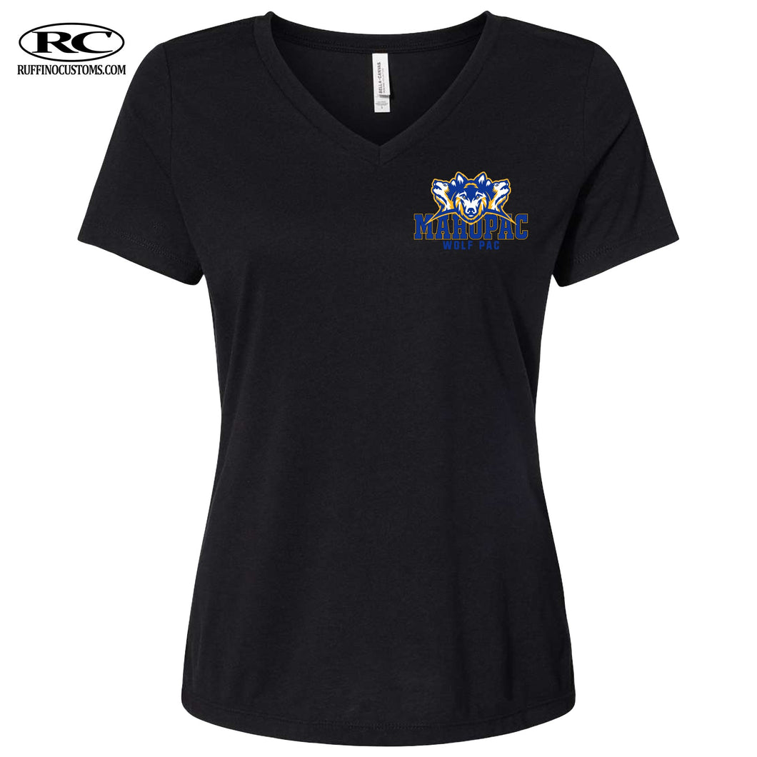 MHS Staff Ladies Form Fitted V neck 3 head logo Tee