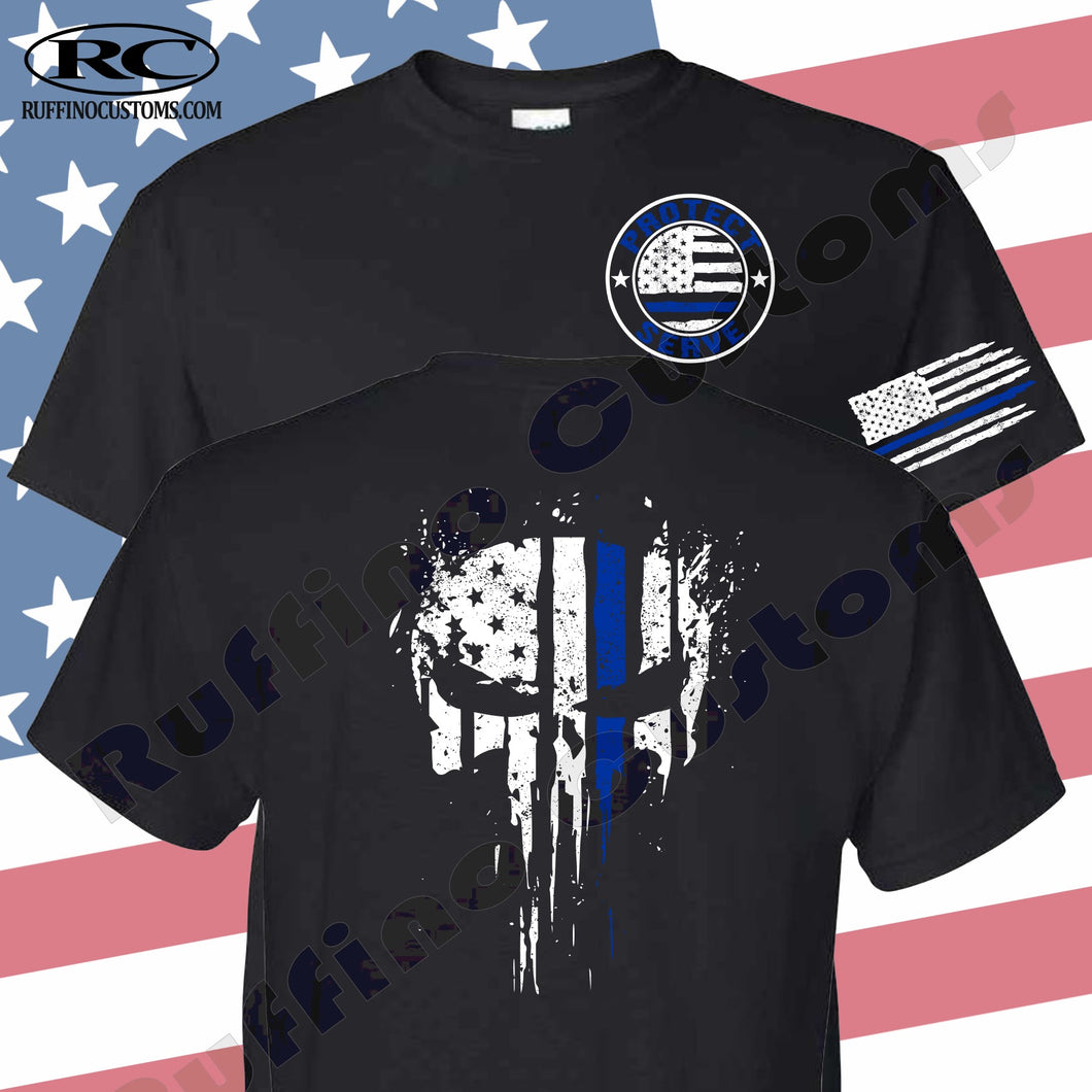 Police Sheriff Deputy Blue American Flag skull T-Shirt