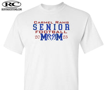 Load image into Gallery viewer, Carmel Rams Senior football mom glitter t-shirt
