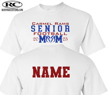 Load image into Gallery viewer, Carmel Rams Senior football mom glitter t-shirt