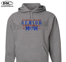 Load image into Gallery viewer, Carmel Rams Senior football mom 2025 glitter hoodie