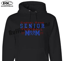 Load image into Gallery viewer, Carmel Rams Senior football mom 2025 glitter hoodie