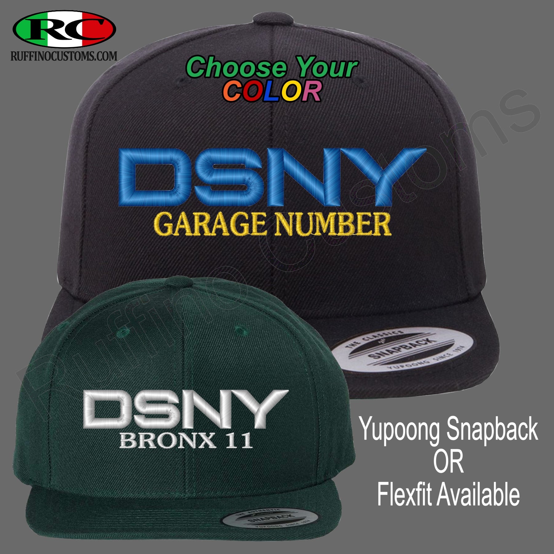 DSNY PUFF Hat with your Snapback Embroidered Customs garage Ruffino or Apparel number Fit – Flex