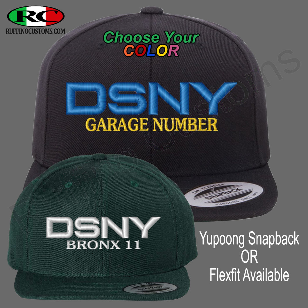 DSNY PUFF Embroidered Snapback or Flex Fit Hat with your garage number